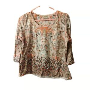 Emerge World Wear 3/4 Sleeve Floral Print Sequin Medium Blouse (18"W X 20"L